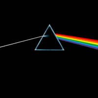 A small grey equilateral and hollow triangle sits slightly above the centre of an opaque black image.  A perfectly straight light-grey line enters from the middle of the left edge of the image, and is angled slightly upward to meet the left side of the triangle.  Inside the triangle the grey line expands slightly, fading to black as it reaches the centre. On the right side of the triangle a thick bar composed of red, orange, yellow, green, blue, and violet angles downward to the middle right edge of the image.